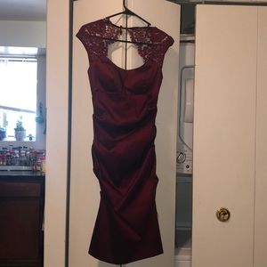 Wine Red Dress with Lace Top & Exposed Upper Back